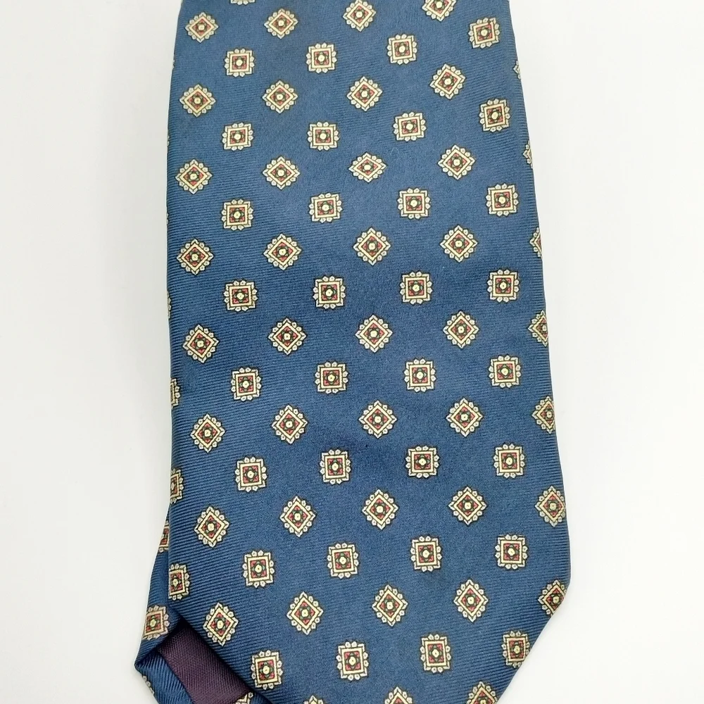 Lands' End Silk Men's Tie Necktie Blue Geometric Square Handsewn Classic Formal
